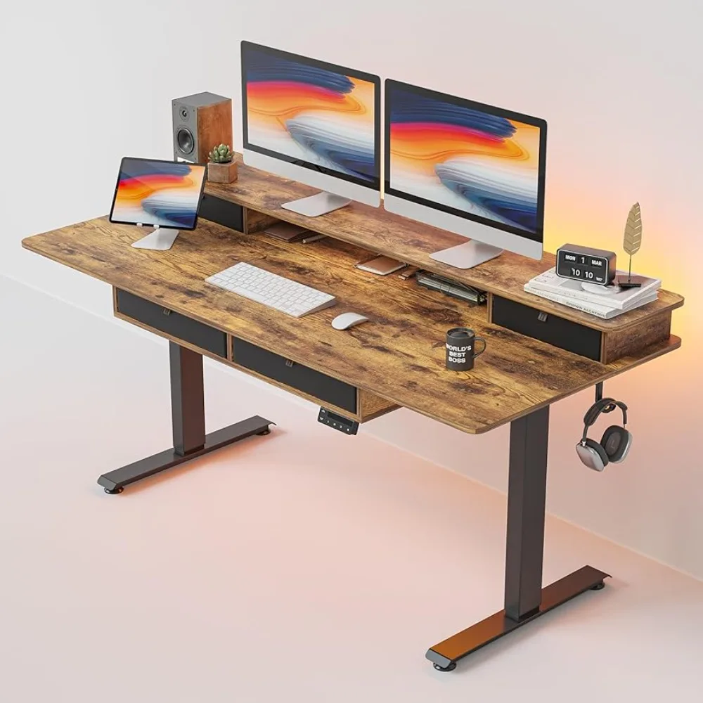 

FEZIBO 55 x 24 Electric Standing Desk Adjustable Height with 4 Drawers, Sit Stand Desk with Storage Shelf, Rising Desk