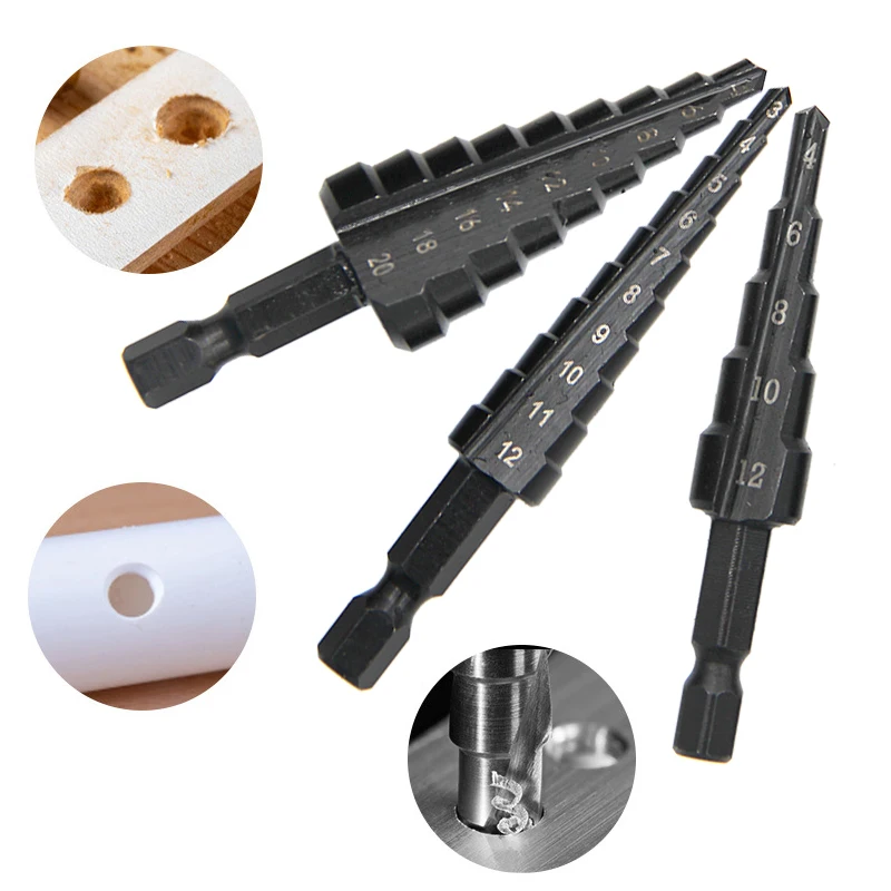 Drill Bit Set 3pc Black Hexagonal Shank Straight Slot Ladder Reaming and Hole Opening Blackened Pagoda Drill Tool