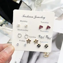  [925 Silver] One Week Earring Set Pearl Women's Simple Fashion Jewelry Free Shipping 