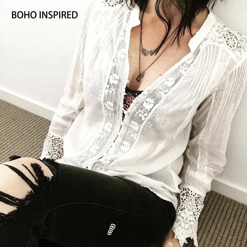

BOHO INSPIRED blouse white cotton lace floral embroidery women's shirt loose boho style v-neck long sleeve tunic sexy tops