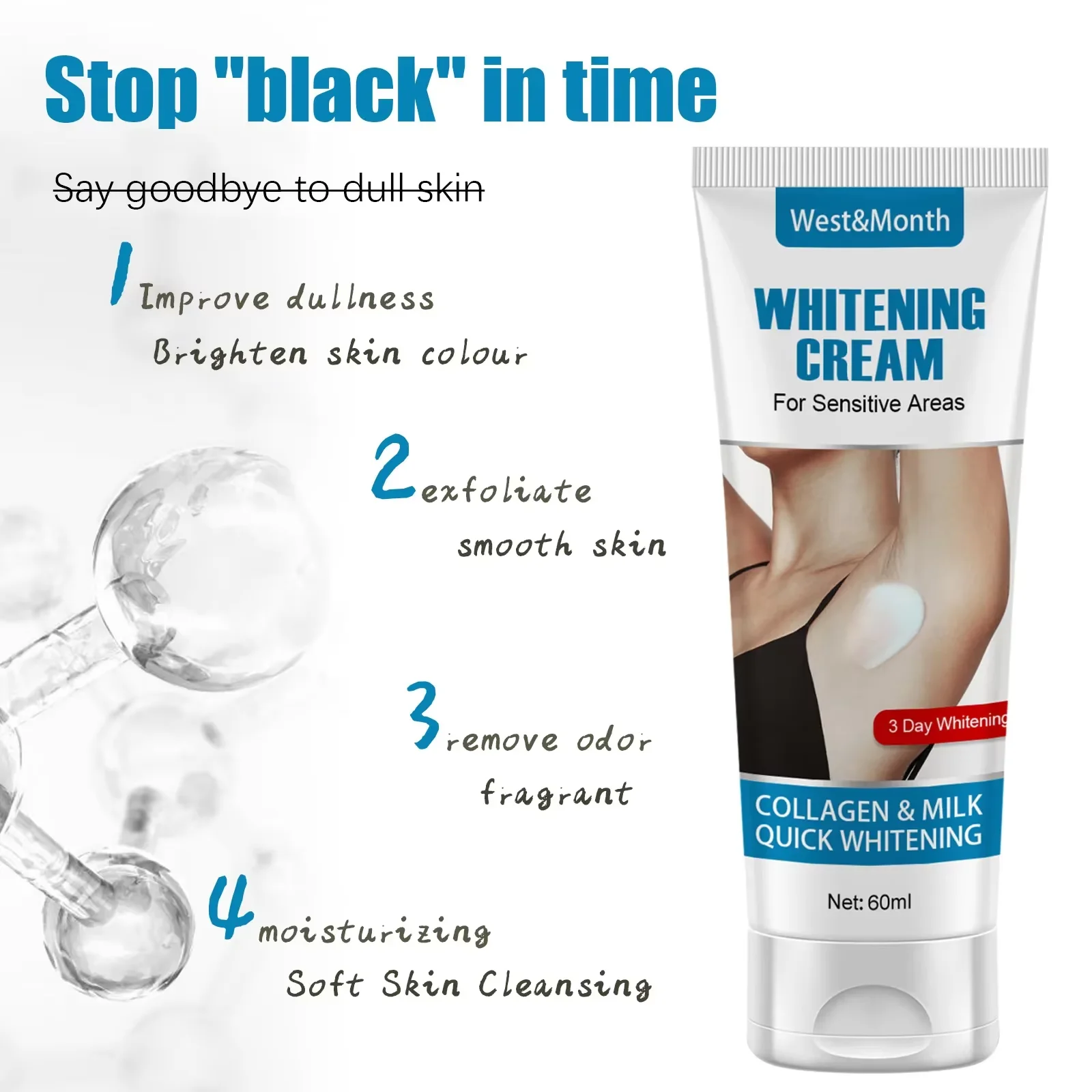 Body Lightening Cream Bleach Underarm Joints Elbows Knee Thighs Dark Skin Removal Brighten Private Parts Melanin MoisturizeCream 6