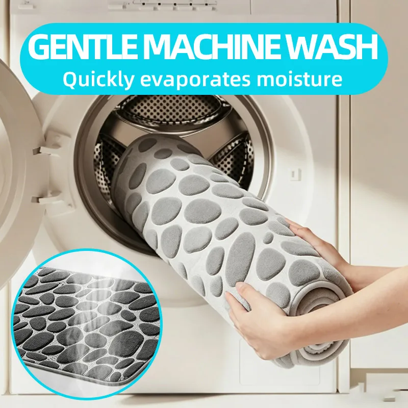 Machine-washable care demonstration for the pebble bath mat