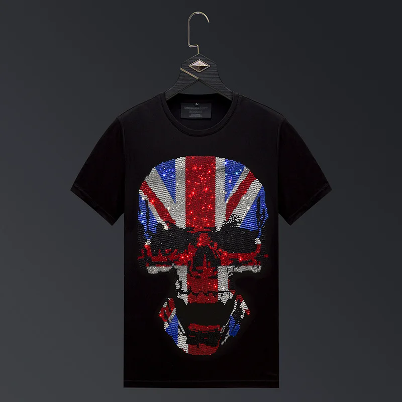 

Plus Size 2023 Fashion Skulls Rhinestones T Shirts Men Brand Short Sleeve Man Streetwear O Neck Slim Tshirts Men Summer Clothes