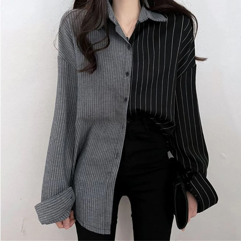 

Spring 2023 vintage niche design with reduced age, paired with contrasting casual striped patchwork shirts, women's top trend Po