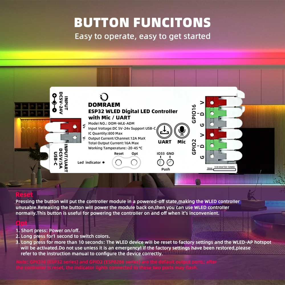 DOMRAEM WLED Digital Music LED Controller with Mic & Relay -ESP32 2CH 16A for WS281X/SK6812 (800ICS). Type-C & UART. Alexa/HA.