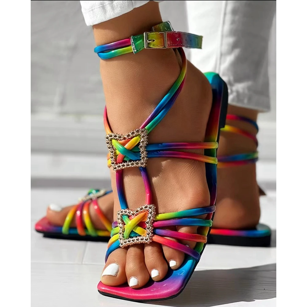 Women Geometric Pattern Multi-strap New In Sandals Outdoor Summer Lady Fashion Square Toe Multicolour Going Out Summer Shoes