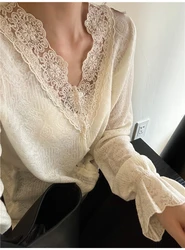 Elegant V - Neck Lace Spliced Cardigan with Flare Sleeves - Women's Autumn Knitwear - S (Beige)