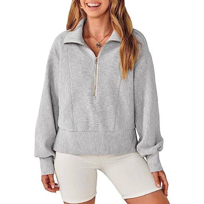 2023 New Autumn Fashion Loose Fitting Half Open Neck Patchwork Sweater Temperament Commuting Women's Casual Zipper Long Sleeves