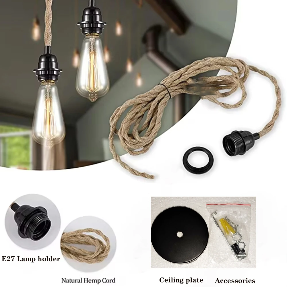 Jute RopePendant Lamp Ceiling Lighting Fitting E27 Lamp Holder Hanging Kits with Hemp Rope Braided Cable Bulb Holder Socket