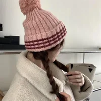 Pink Cute Pom-pom Beanies Caps for Women Autumn and Winter Warm Korean Fashion Striped Color Matching Knitted Pullover Hats 1