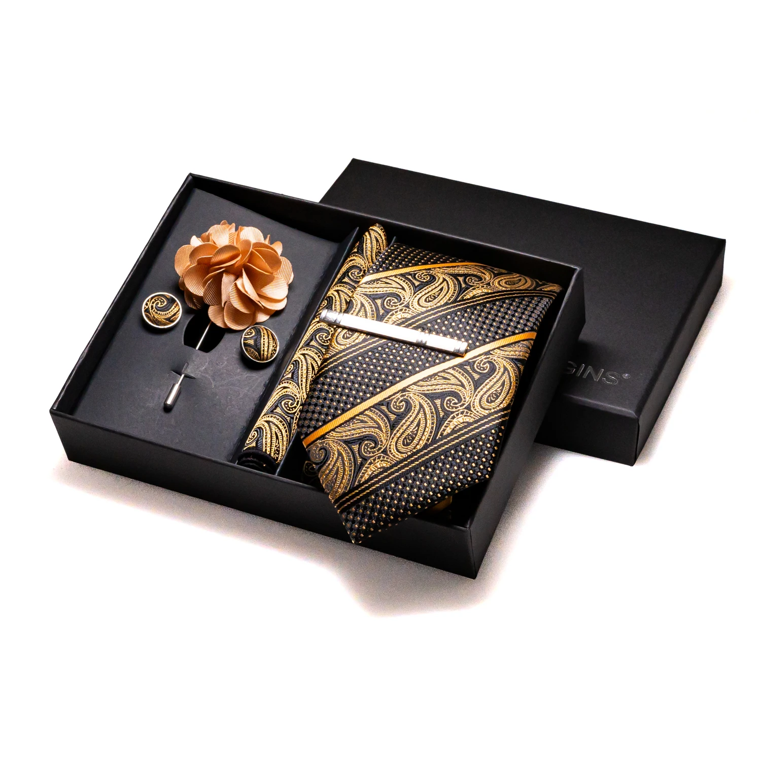 Neck Tie Tie Clip Pocket Square Orange Plaid Silk Wedding Tie For Men Hanky Cufflinks Luxury Gift Box Set Mens Necktie Fashion Business Party Gravat Accessories