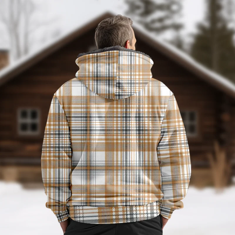 New plaid striped cotton jacket hooded sweater casual printed men's terry polar velvet zipper patch pocket hooded sweater