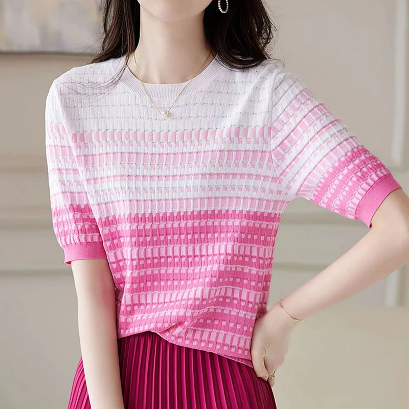 

New 2023 Summer Loose Casual Women Tshirts Plaid T Shirt For Womens Clothing Camisetas Knitted Tops Short Sleeve Tee Shirt Femme