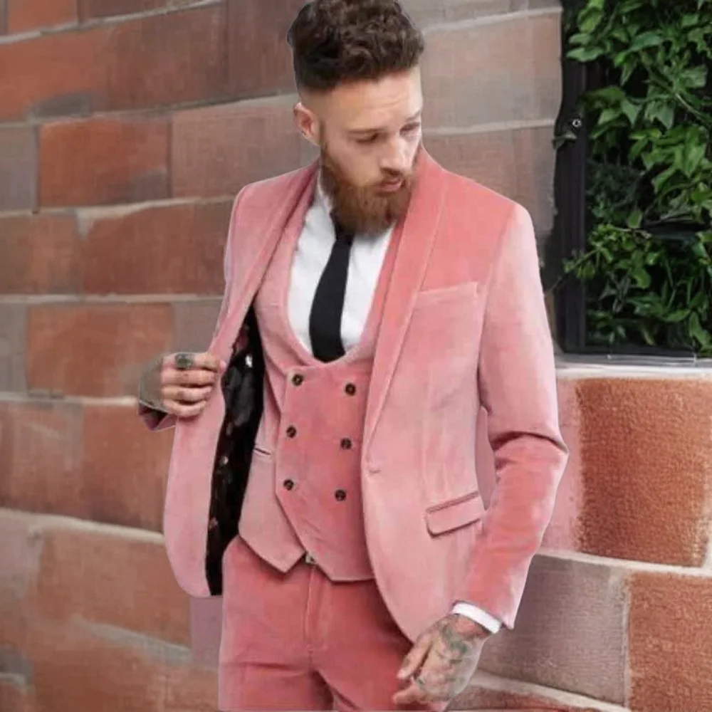 

Pink Velvet Wedding Suits for Men 3 Pieces Formal Groom Tuxedo Custom Made Slim Fit Groomsmen Suit (Jacket+Vest+Pants) 2023