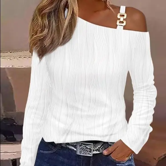 

Женская модная текстурная блузка с металлической пряжкой и диагональным вырезом, однотонный Повседневный весенний облегающий Простой Топ с длинным рукавом