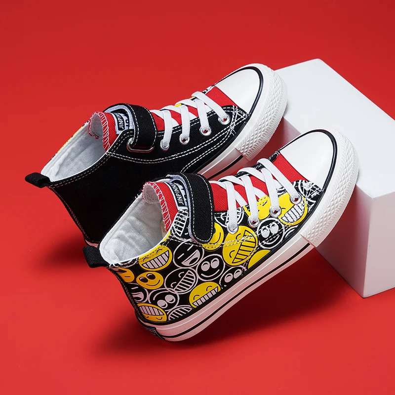2022 Spring Fashion Smile Print High-top Boys Shoes Platform Canvas Sneakers Girls Child Vulcanized Shoes for Kids 7-12 Year Old