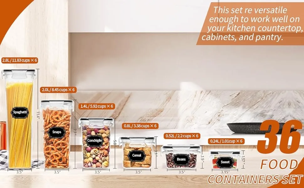 36pcs food storage containers in 6 sizes