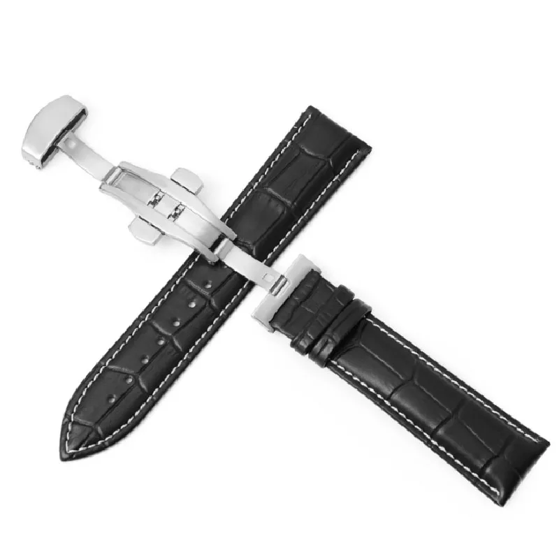 Genuine Leather Watch Bracelet with Stainless Steel Butterfly Buckle
