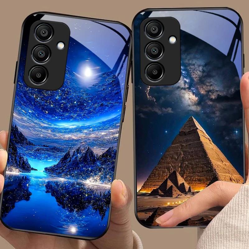 Pyramid Starry Sky Black Tempered Glass Phone Case