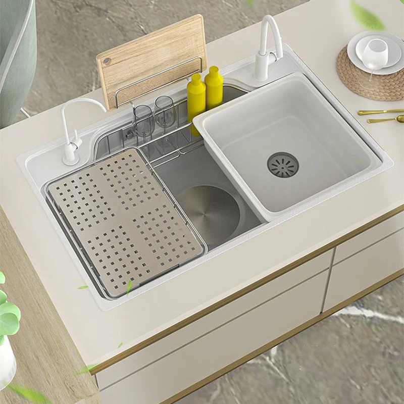 White Kitchen Sink 3D Embossing Nano Stainless Steel Single Slot Light Luxury Multifuctional Sink With Storage Basket Drain Rack drain basket stainless steel saddle type storage basket kitchen sink storage basket storage rack kitchen residual drain basket