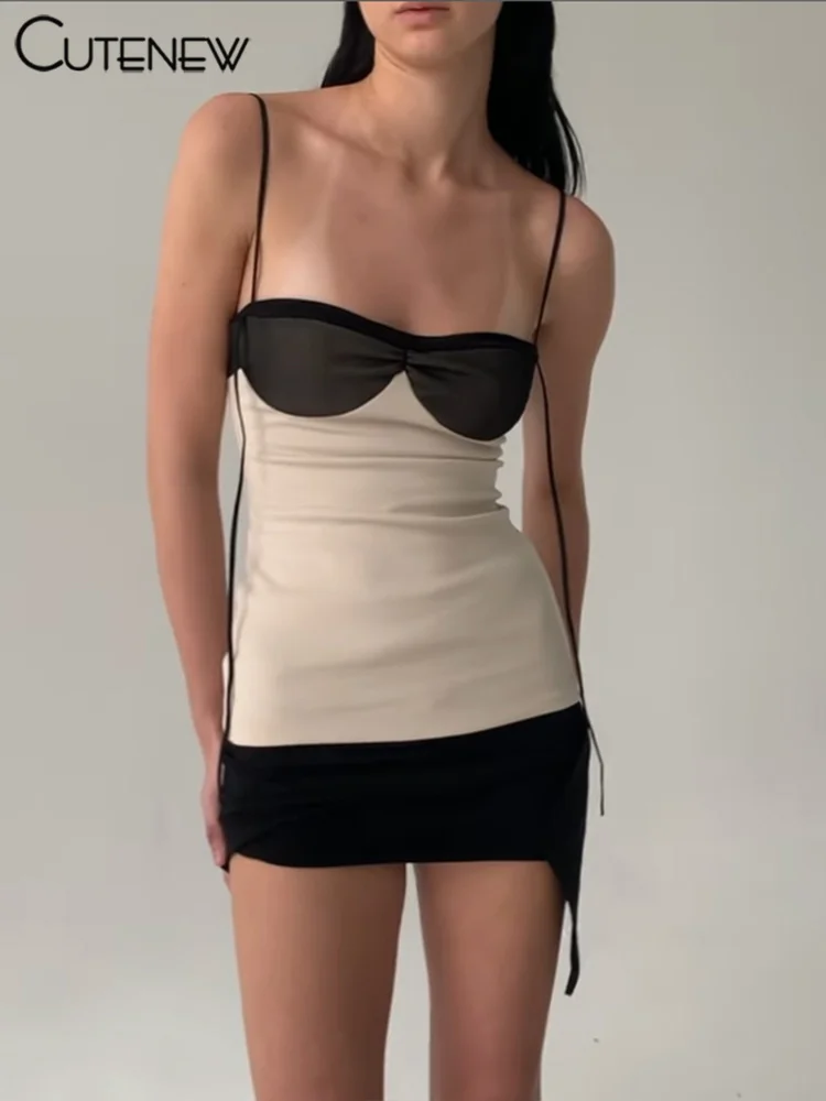 Cutenew Panelled Women Mini Dress Concise Tassel Patchwork Wrapped Chest Irregular Backless Super-Short Vestido Trend Streetwear 2