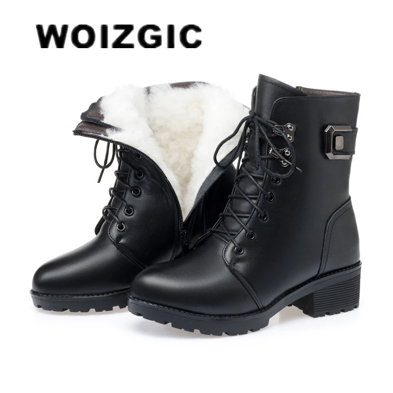 WOIZGIC Female Ladies Women Genuine Leather Ankle Boots Platform Winter Antumn Plush Fur Warm Shoes Plus Size Lace Up 35-43 women platform boots