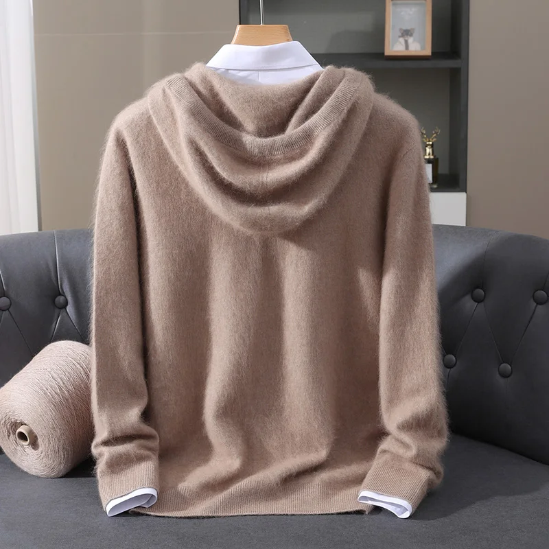 Men's hooded sweater autumn winter 100% mink cashmere sweater casual knitted pullover long-sleeved solid color loose knitted top 2