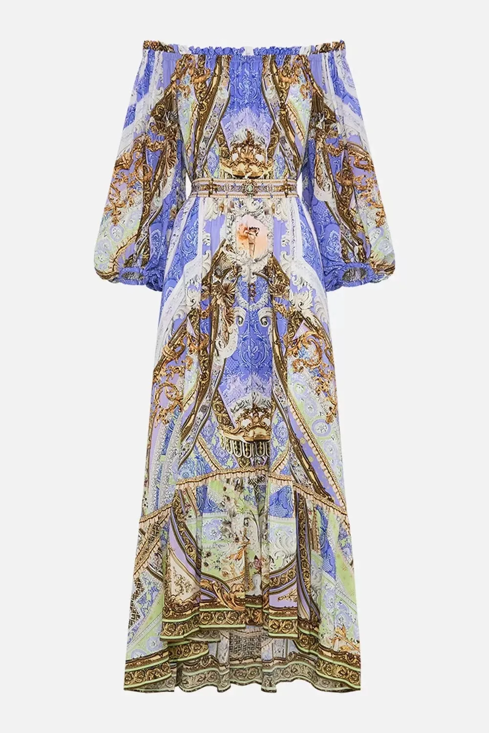 

Women Vintage Print Sexy Off Shoulder Slash Neck Silk Holiday Long Dress