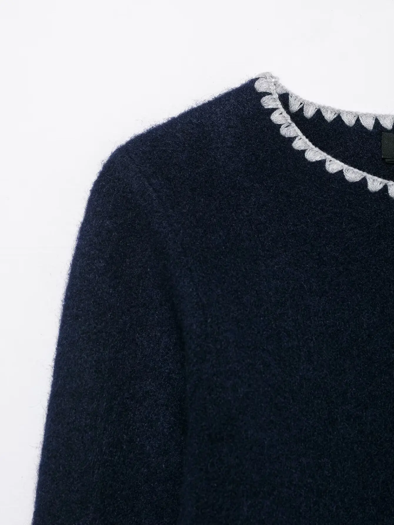 Women Elegant Deep Blue Knitted Cardigan Female O-Neck Single Breasted Long Sleeved Sweater Jacket Contrasting Color Knitted Top