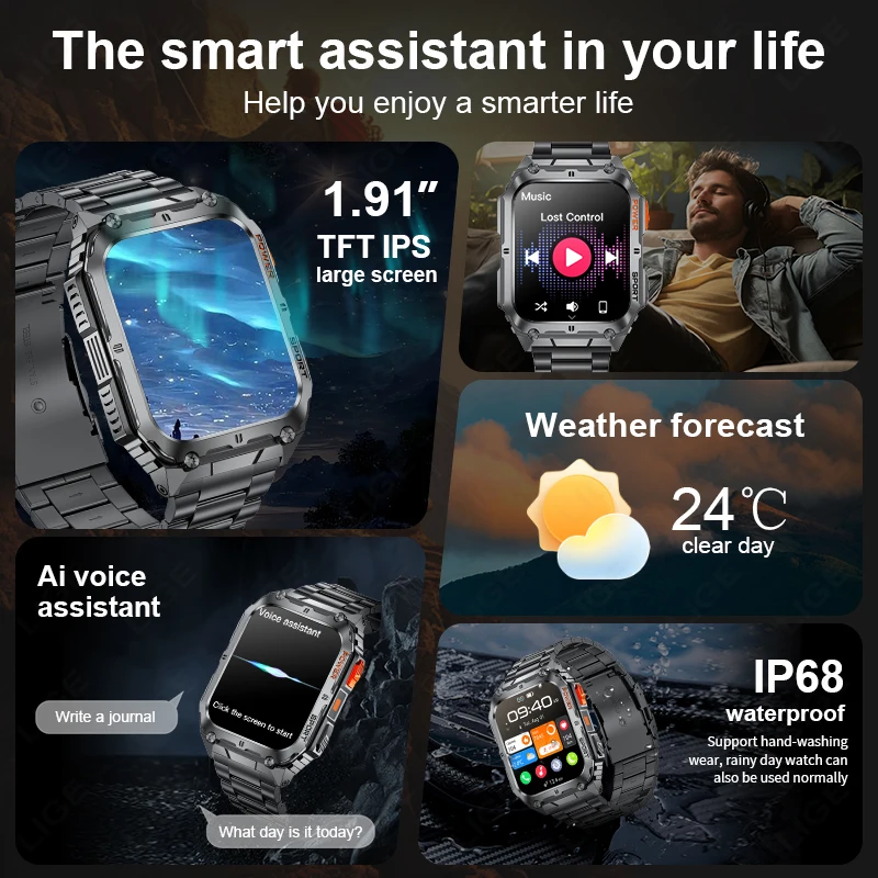 LIGE Call Smartwatch 2026 Men's IP68 Waterproof Smart Watch Men 1.91 Inch Fitness Tracker Sport Wrist Smartwatch For Android IOS