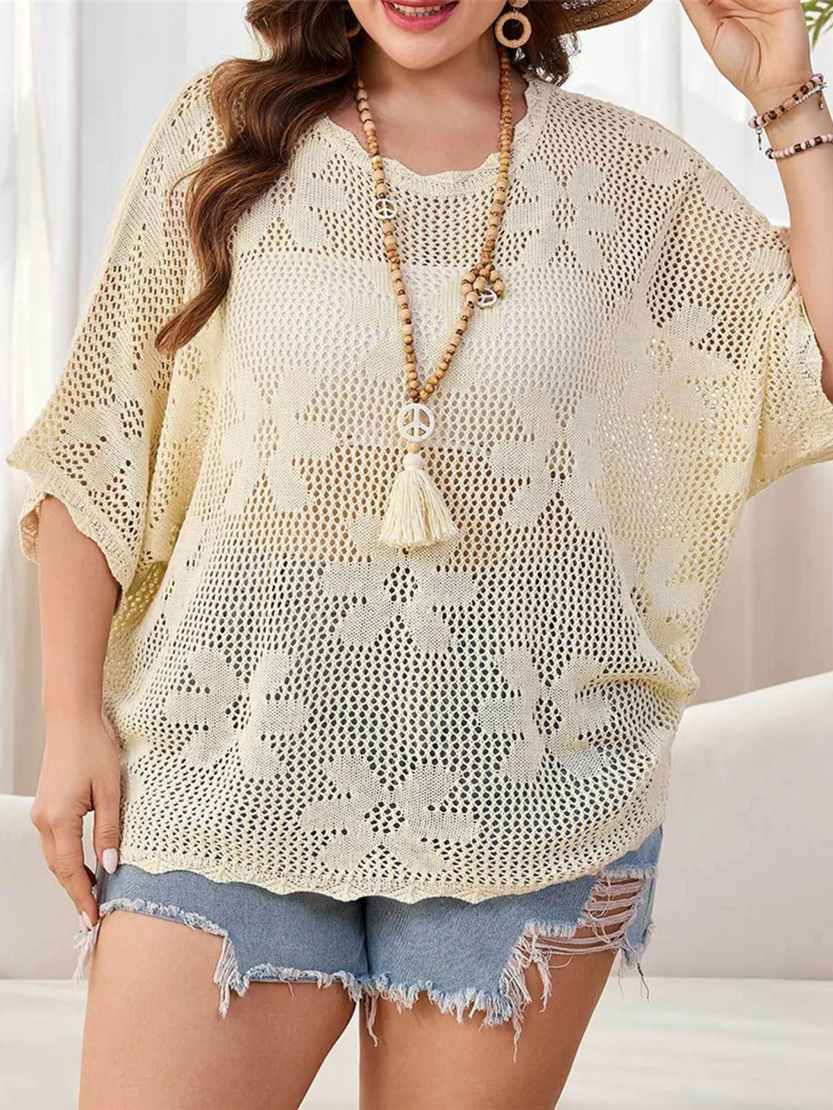 1XL - 4XL Half Sleeve Solid Crochet Knitted Tunic Beach Cover Up Beach Wear Beachwear Female Women Cover-ups Beach Dress K8285 5