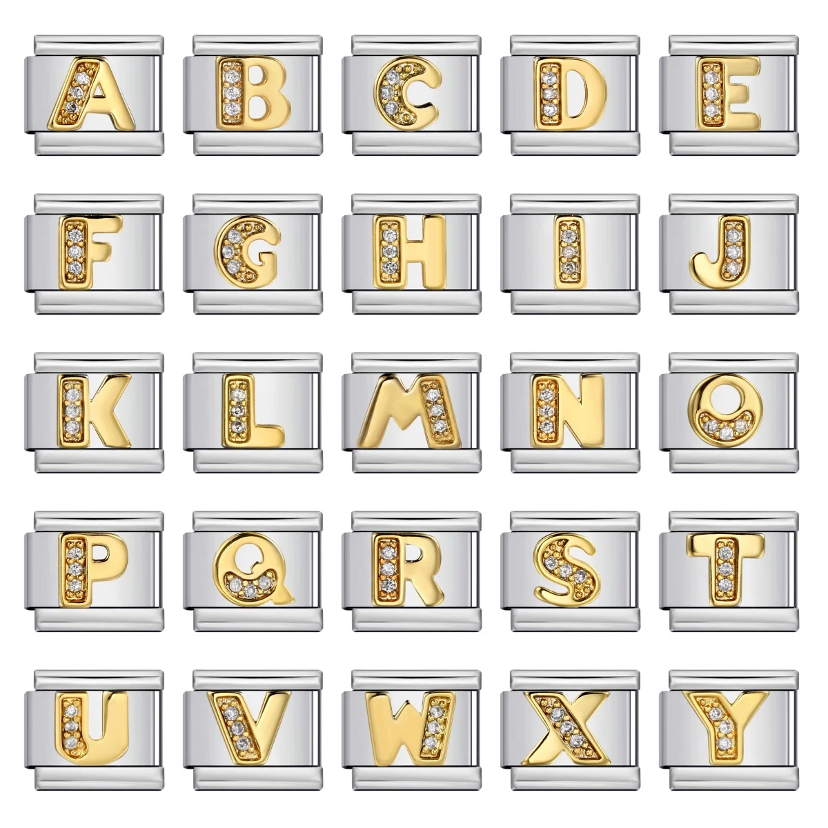 Neue Mode A-Z 26 Buchstaben Gold Farbe Intarsien Zirkonia Italienischen Charme Link Fit 9mm Edelstahl Armband, der DIY Schmuck