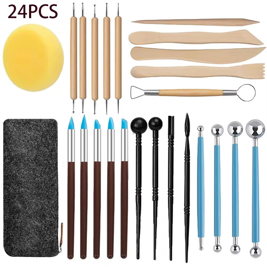 ערכת כלי חרס 43/25 יחידות, כלי עיצוב חרס פולימר, סט כלי חרס אוויר לאמנות קרמיקה, חריטה, דגמות, עיצוב