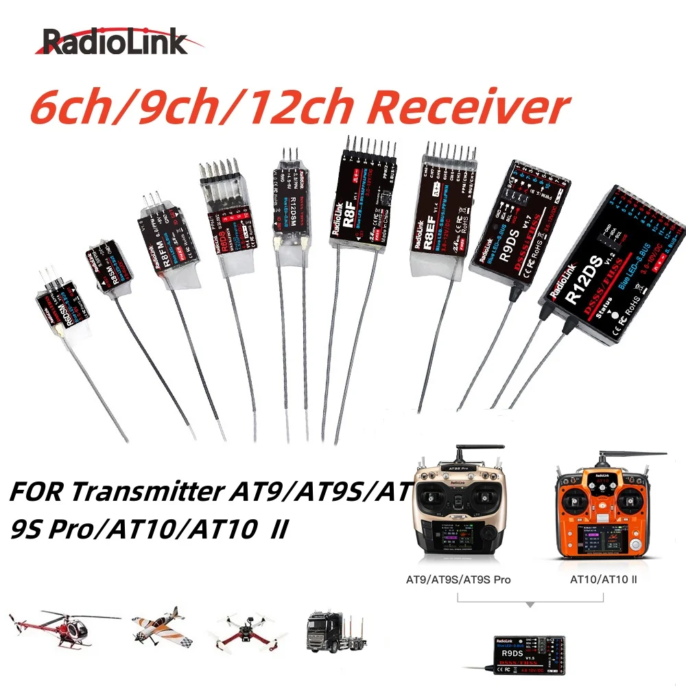 Récepteur Radiolink R12DS pour drone RC, vue de dessus avec antennes.