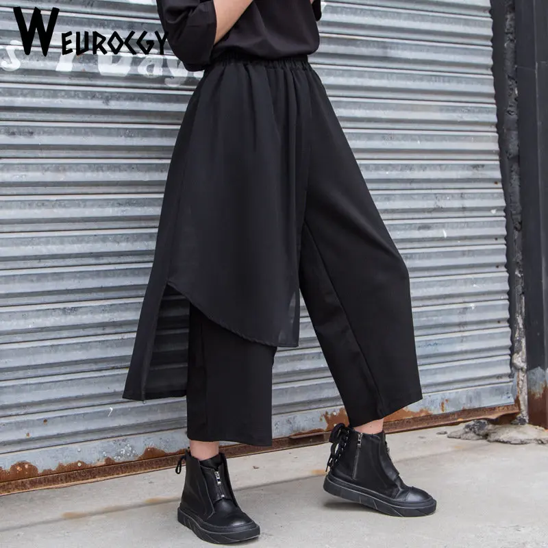 

Summer y2k Korean Harajuku Streetwear Leisure Loose Womens Chiffon High Waist Loose Asymmetrical Hem Ankle Length Wide Leg Pants