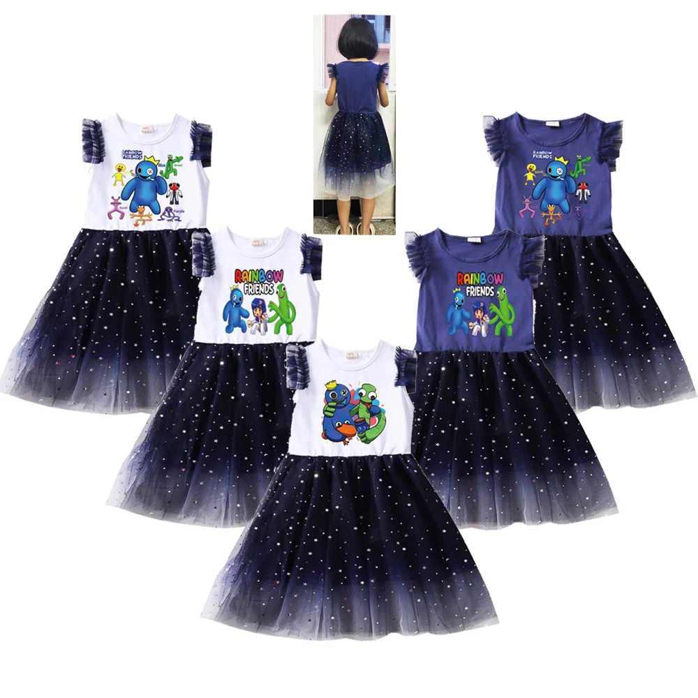 Rainbow Friends Kids Summer Blue Green Monster Dress Neonate Cute Lace Princess Dress Toddler Girls Birthday Party Dresses