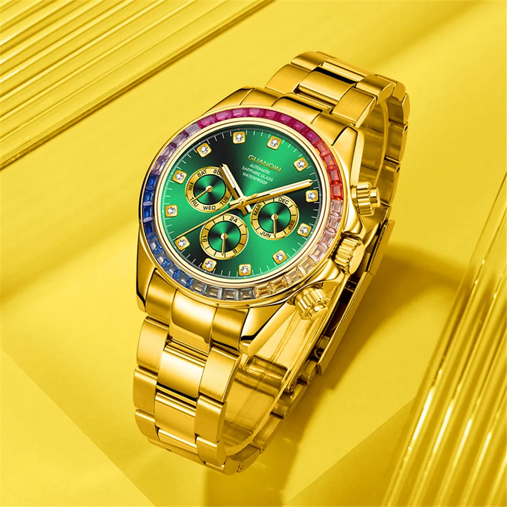 GUANQIN Week Month Luxury Men Watch Waterproof Automatic Self-Wind Mechanical Rainbow Diamond Circle Design Sapphire Steel Clock_voghion.com