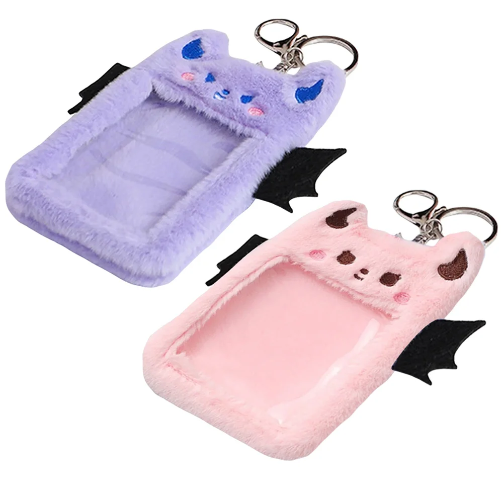 

2 Pcs Plush Card Holder Badge Pendant Reusable Keychain Postcard Sleeve Alloy
