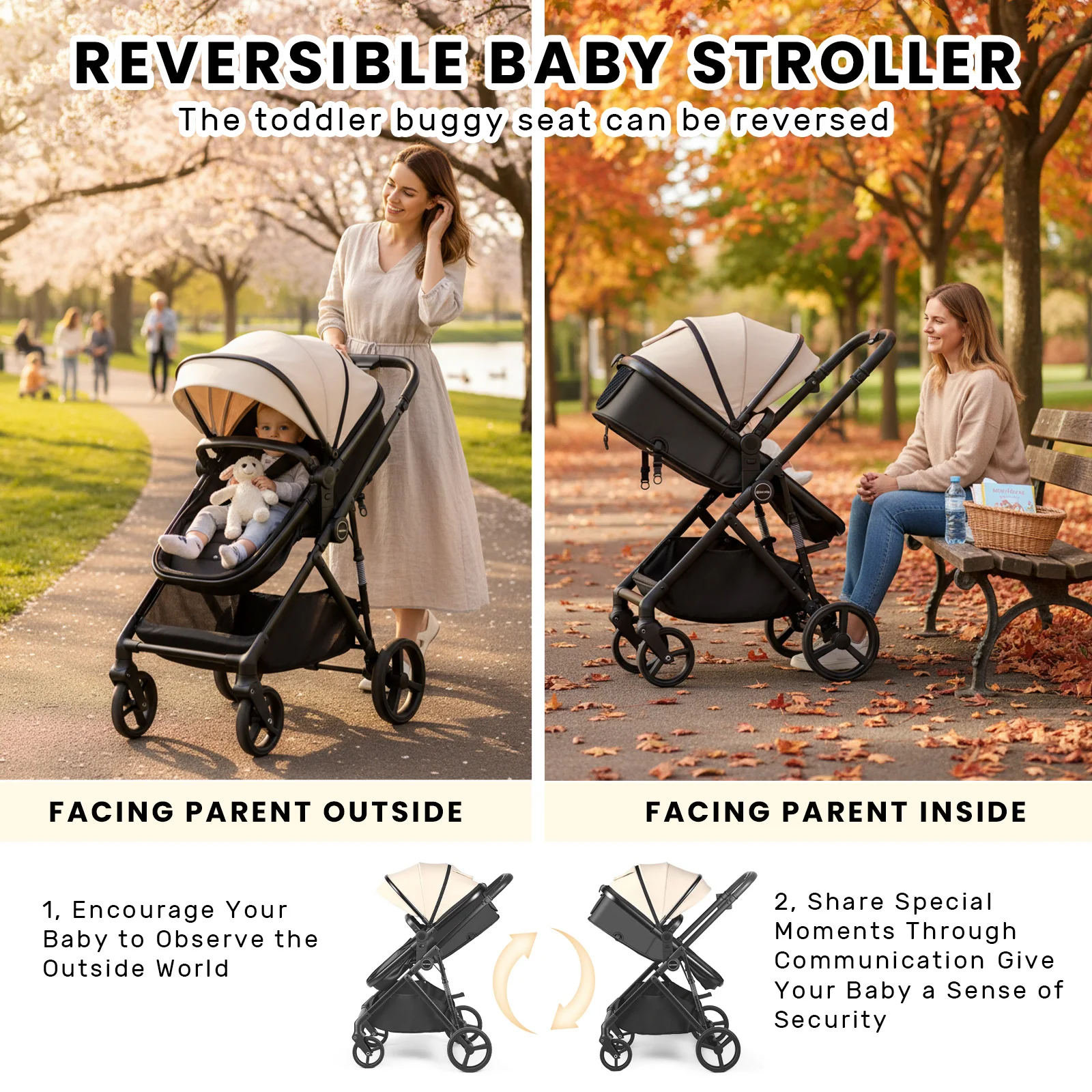 2-in-1-Kinderwagen, faltbarer Reisesystem-Kinderwagen mit umkehrbarem Sitz, verstellbarem Baldachin, Aufbewahrungskorb für 0–36 Monate – Detail 16