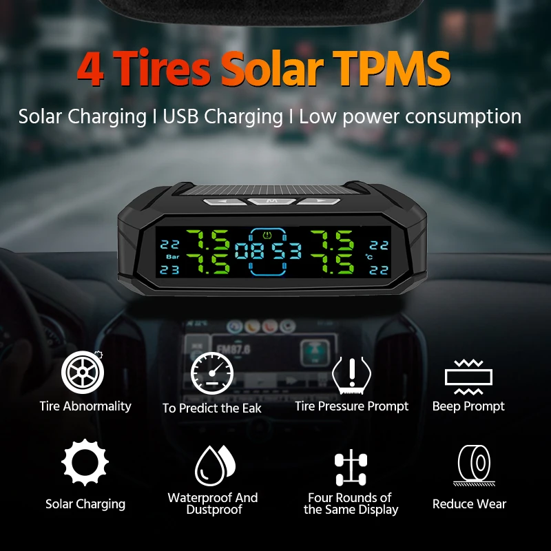 Solar TPMS Car Tire Pressure Alarm Monitor System car tire pressure monitor car tire pressure sensor Tyre Temp Digital Display Auto Security Alarm Systems with 4/6 sensors 8 BAR