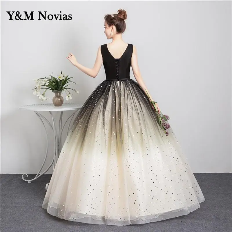 Quinceanera Dresses Black Matching V-Neck With Sleeve Formal Performance Sequins Ball Gown