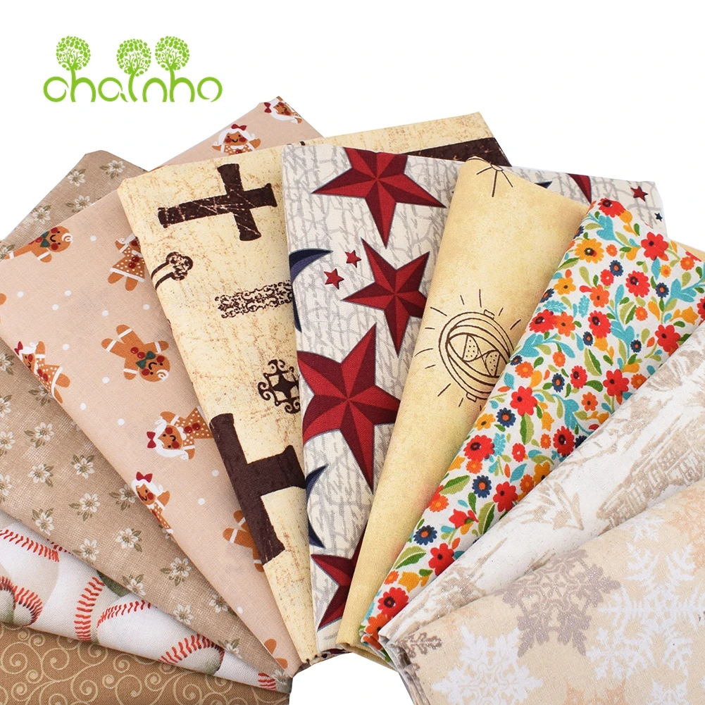 Chainho,Printed Plain Weave Cotton Fabric,Handmade DIY Quilting Sewing Material,Patchwork Cloth,Khaki Color,20x25cm/Piece,15CD39