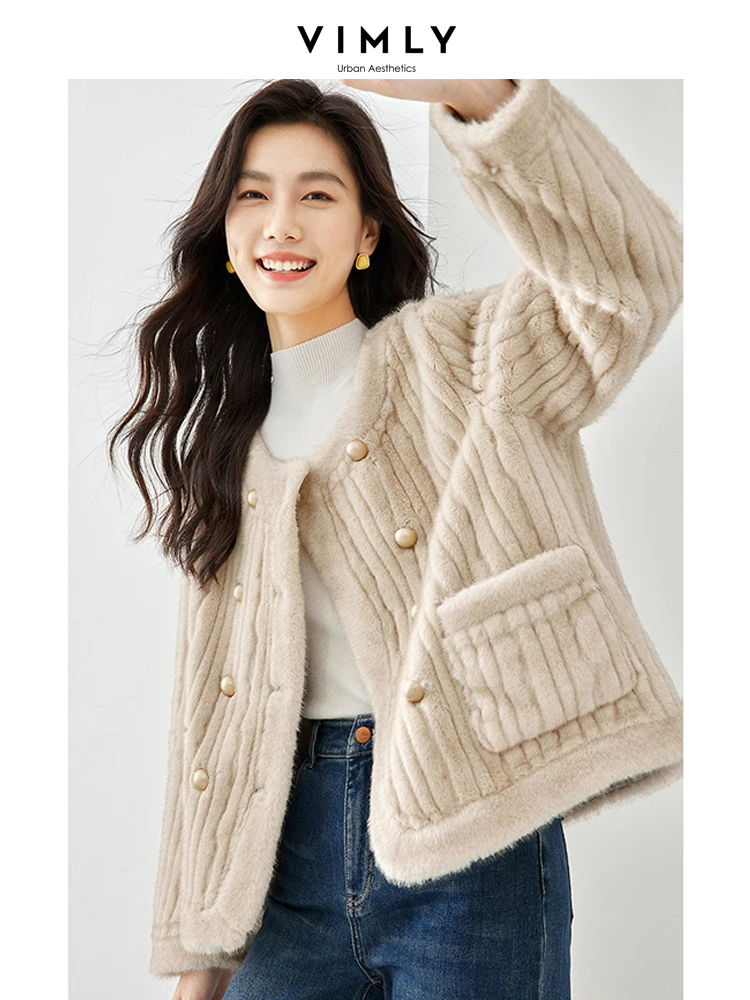 

Vimly Apricot Faux Fur Coats Women's Winter Jackets 2023 Elegant Office Lady Thick Warm O-neck Long Sleeve Female Clothing 50712