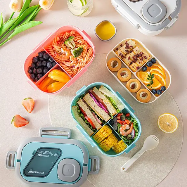 Boîte à lunch portable avec compartiment, paille de blé, bento, poignée de transport, britware réutilisable, plusieurs plats, collations, nourriture, beaucoup 2