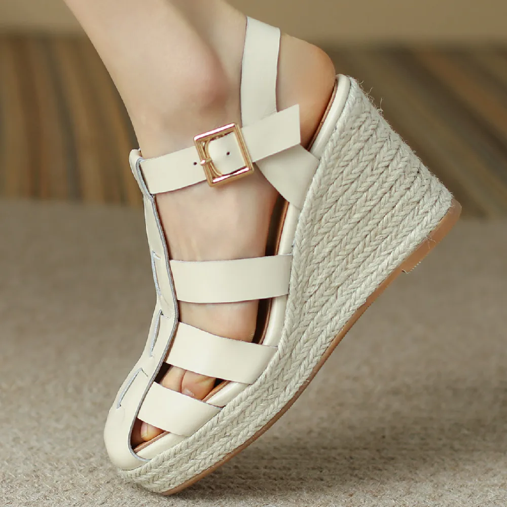 

Women's genuine leather Braided cage t-strap wedge platform high heel sandals hemp bohemia style casual female heels pumps shoes