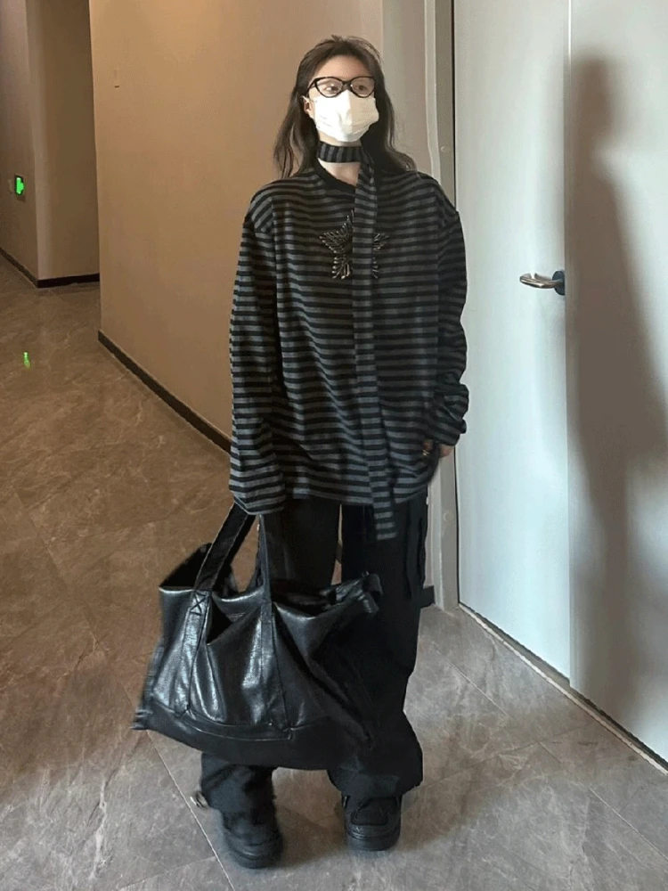 

Deeptown Gothic Punk Star Graphic T Shirts Women Harajuku Vintage Striped Oversized Tees Y2K Aesthetic Casual Tops Kpop Grunge