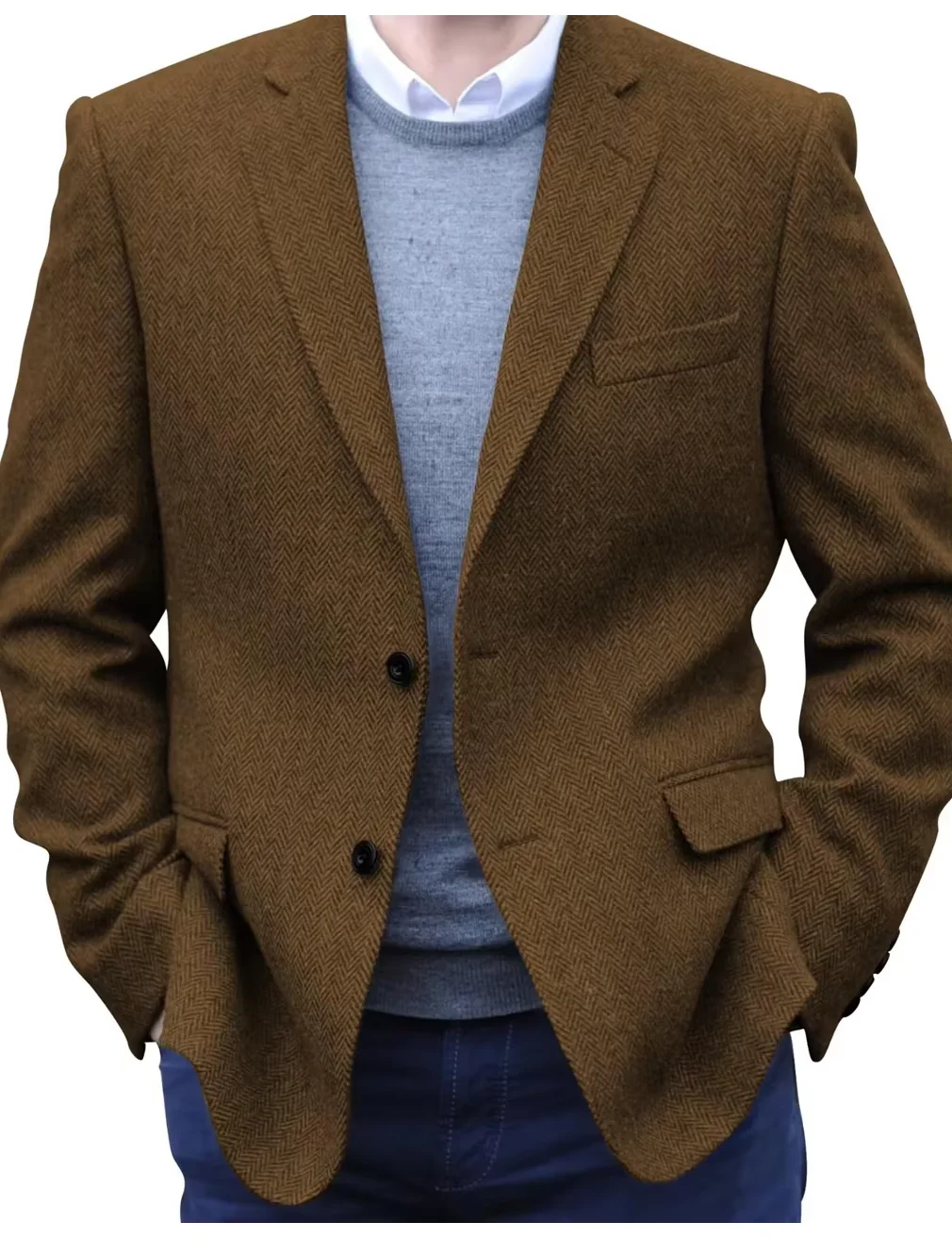 Premium Men's Suit Brown Blazer Prom Tuxedos Herringbone Tweed Single Breasted Formal Bussiness Jacket for Wedding(Only Coat) 3