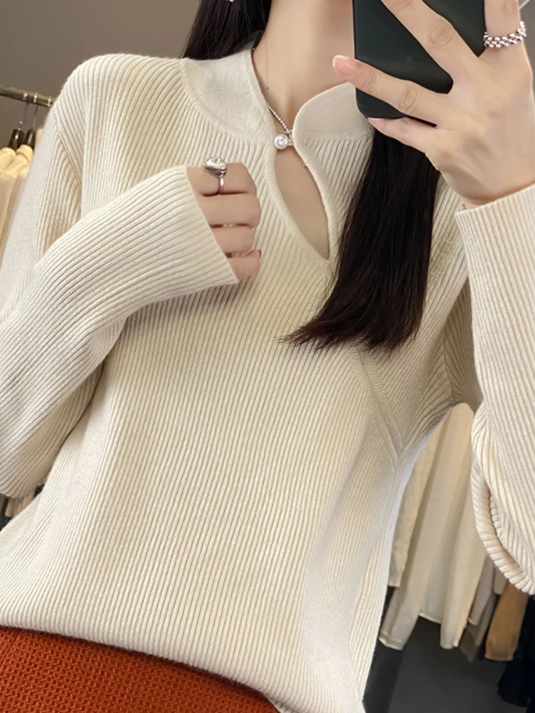 

Half High Collar New Chinese Style Button Up New Sweaters for Women Soft Comfortable Warm Tops Simple Exquisite Knitted Sweater