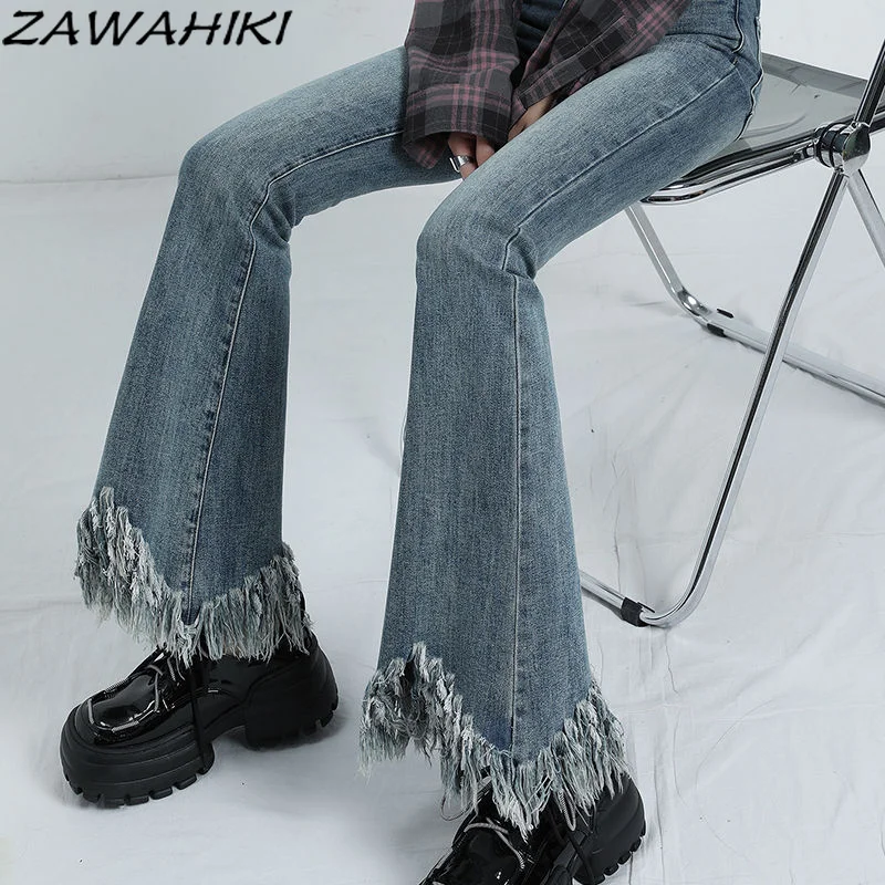 

High Waist Vintage Designed Tassel Boot Cut Jeans Women Spring Autumn New Frayed Solid Color Harajuku Streetwear Denim Pants