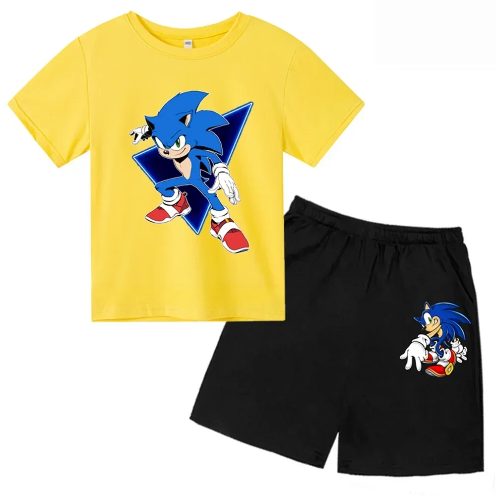 thumbnail image 1 of Conjunto de 2 piezas de camiseta y pantalones cortos de Sonic de dibujos animados para niño y niña, camiseta deportiva informal de manga corta de verano para niño y niña, ropa para bebé, 1 of 5